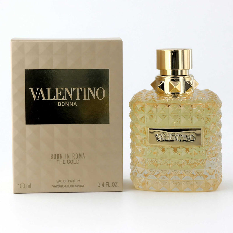 Valentino Donna Born in Roma The Gold EDP spray bottle with gold cap and patterned glass