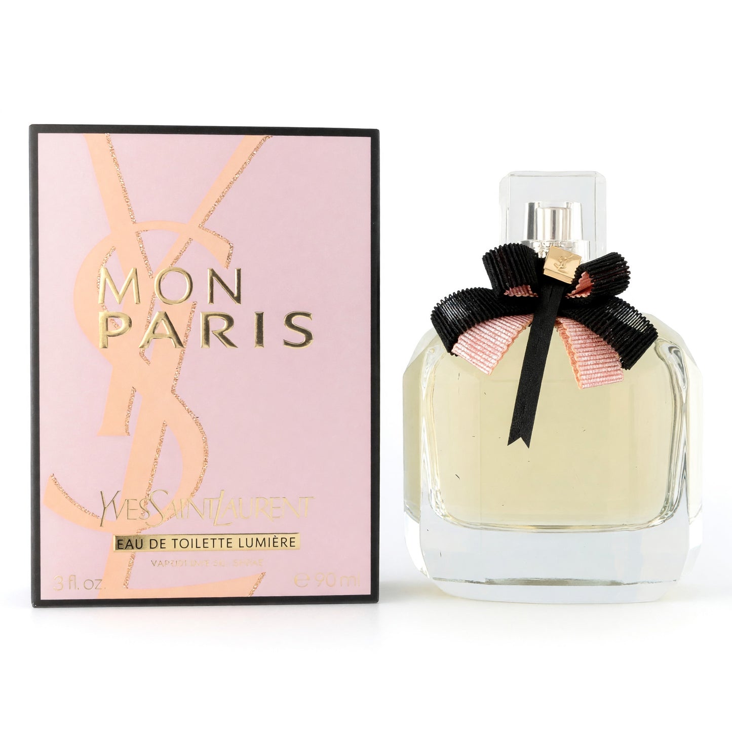 Women’s eau de toilette spray bottle with black bow and Mon Paris gift box