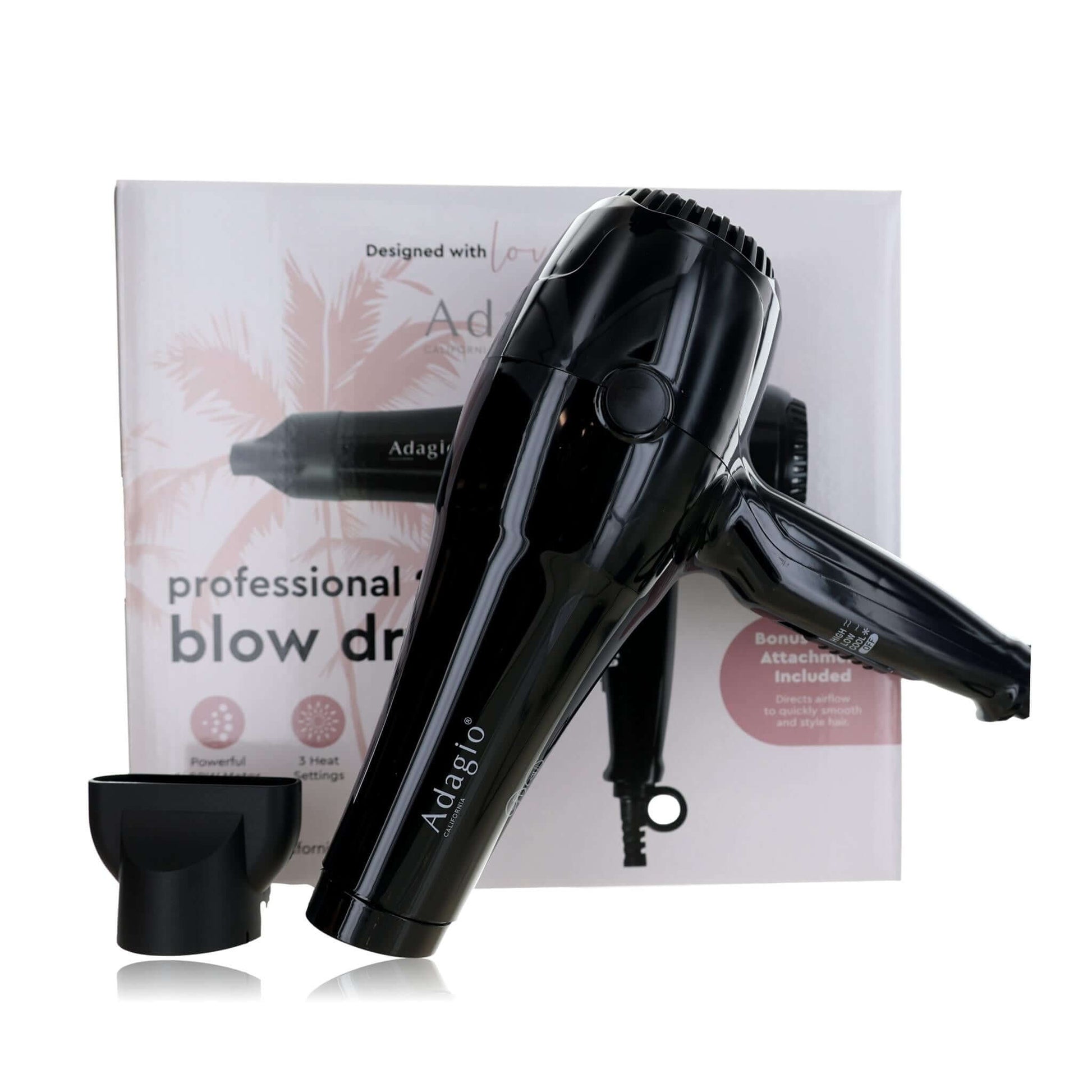Black professional blow dryer with nozzle and diffuser attachments