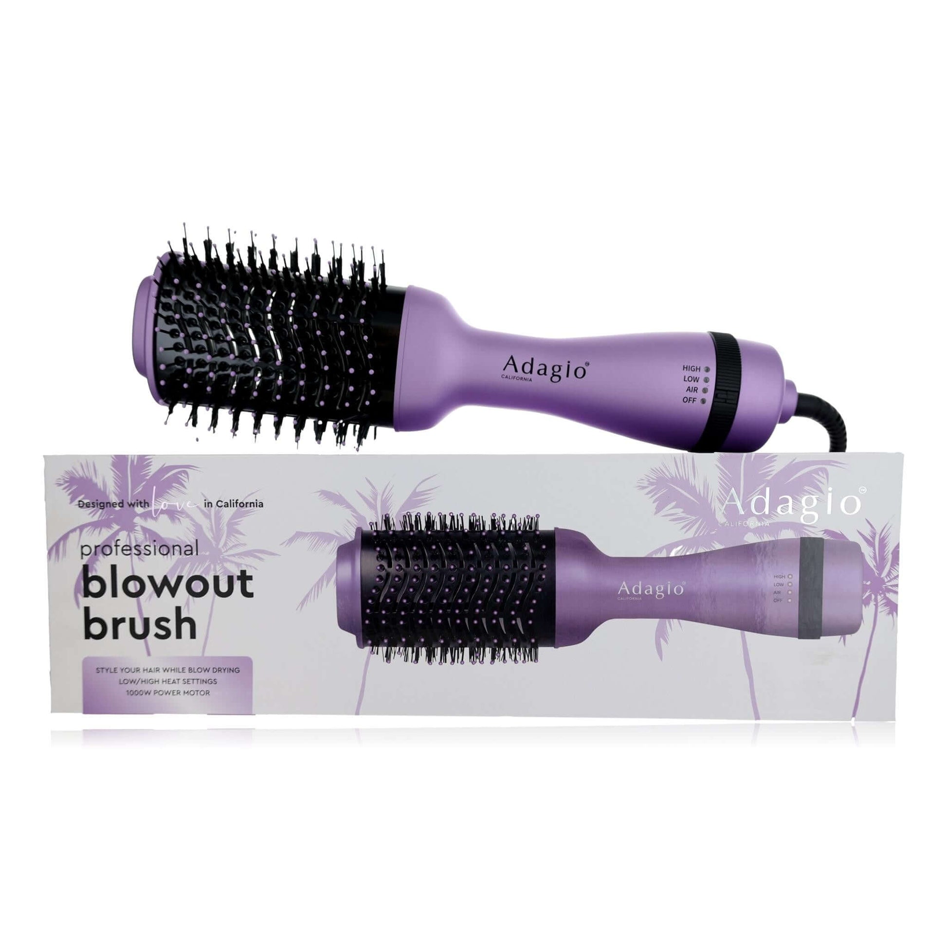 Lavender professional blowout brush with round vented barrel and black bristles