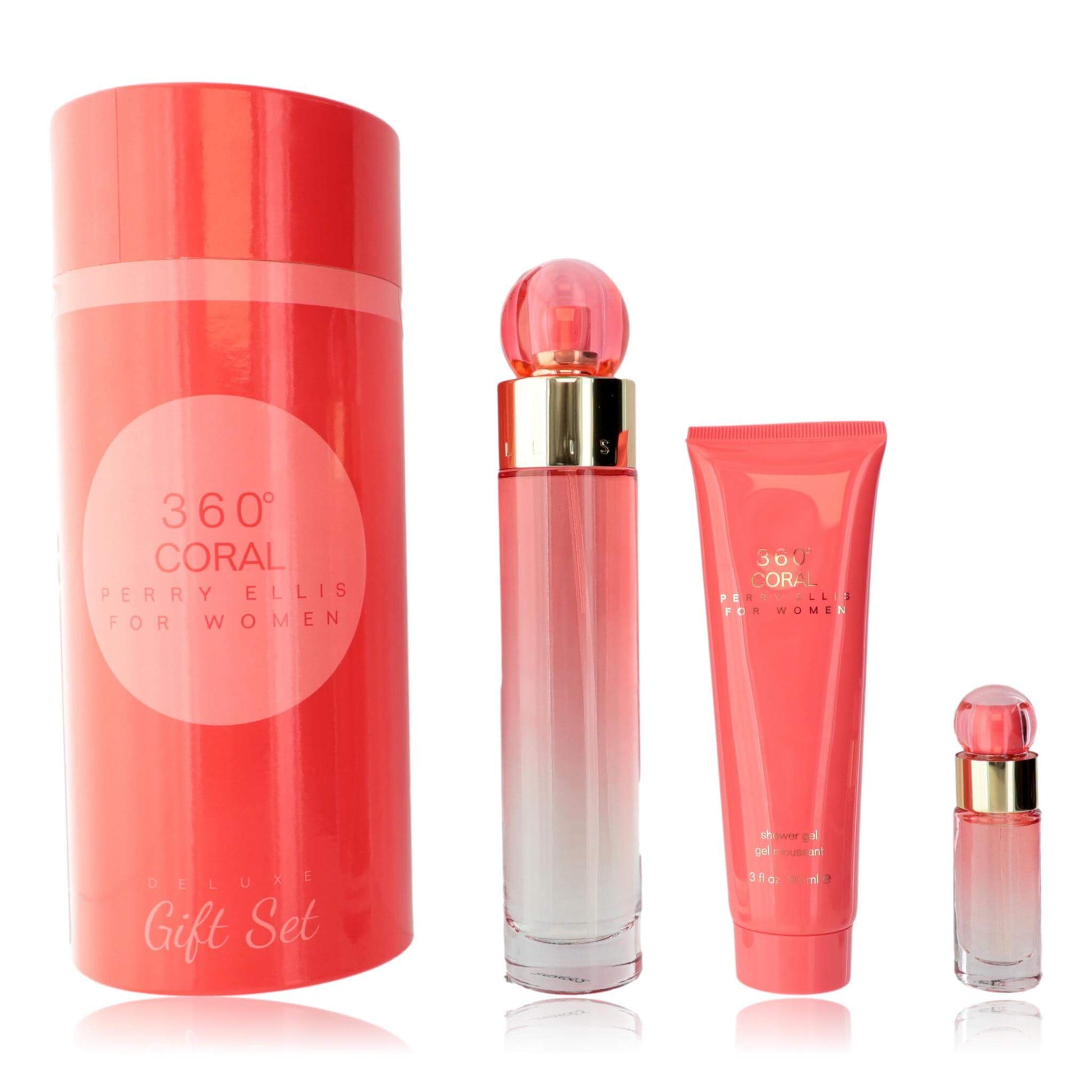 Perry Ellis 360 Coral by Perry Ellis, 3 Piece Gift Set for Women including EDP Spray, shower gel, and travel spray.