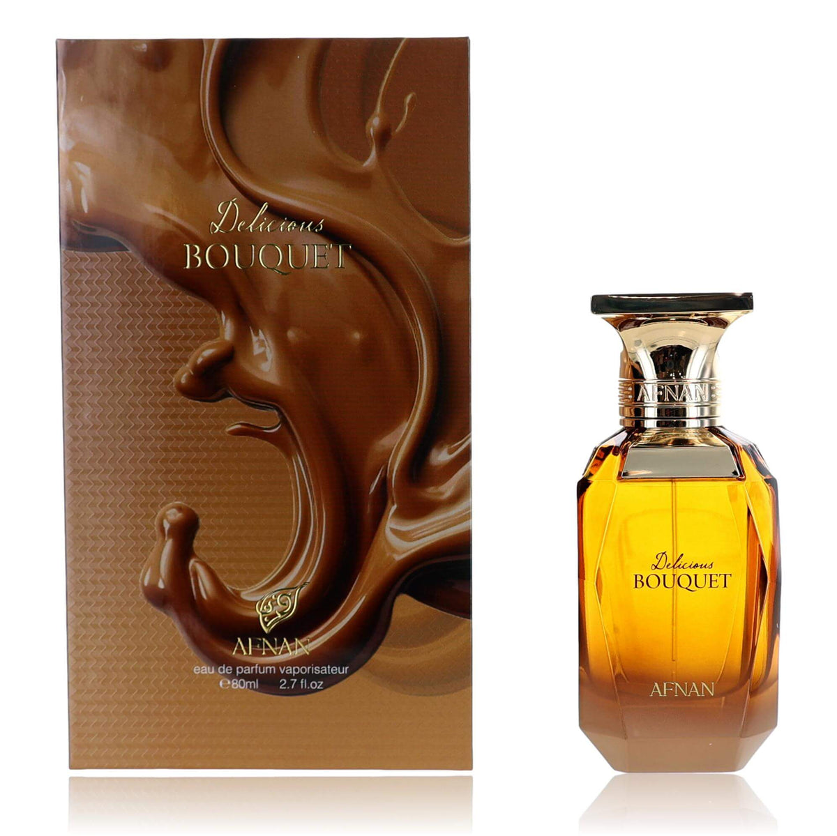 Women’s eau de parfum spray bottle with amber liquid and gold cap, shown with box