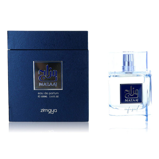 Mazaaj Infused by Zimaya, 3.4 oz EDP Spray for Men in a blue box and bottle.