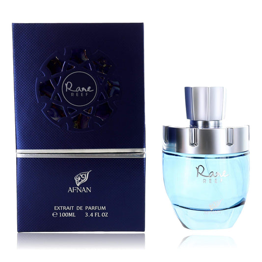 Rare Reef by Afnan, 3.4 oz EDP Spray for Unisex in a stylish blue bottle with box.