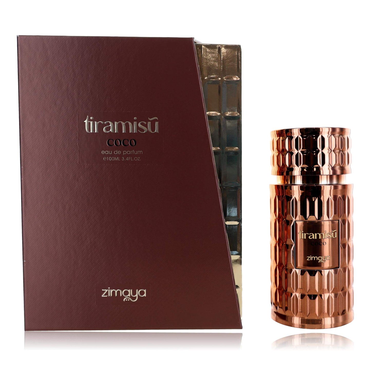 Zimaya tiramisù coco perfume set with maroon box and copper patterned spray bottle
