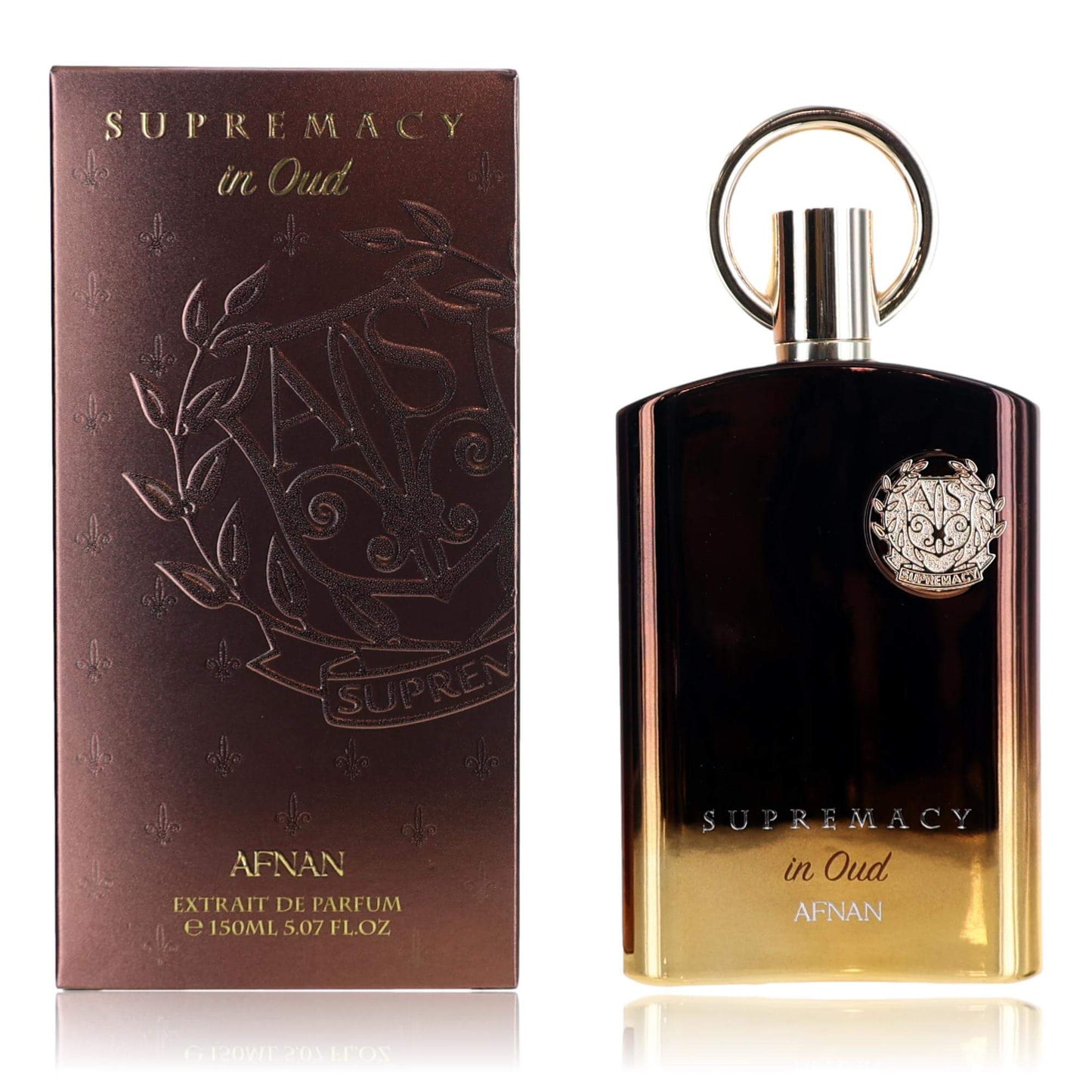 Fragrance bottle with gold cap and dark brown glass, with matching Supremacy in Oud box