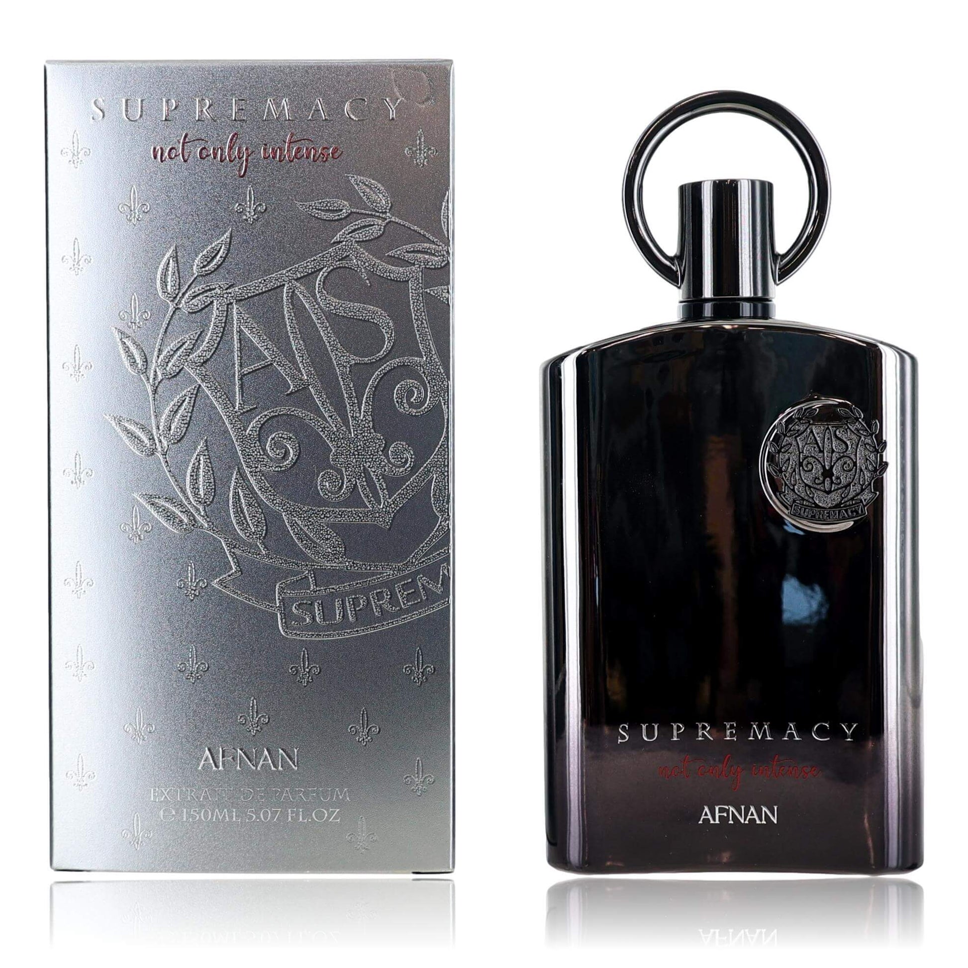 Afnan men's Extrait de Parfum bottle with dark glass and chrome cap, in silver box