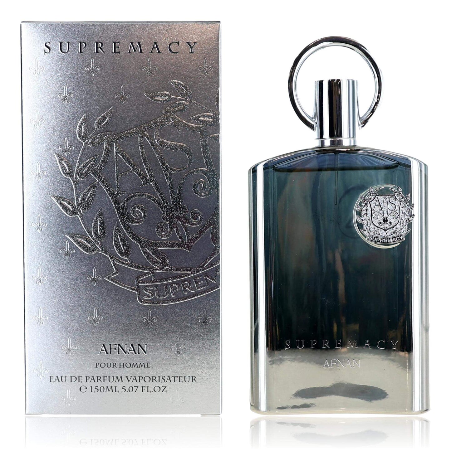 Afnan Supremacy Silver men's EDP spray bottle with metallic silver cap and round emblem