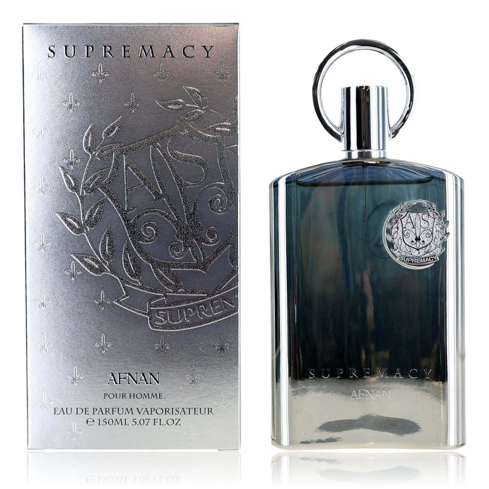 Afnan Supremacy Silver men's EDP spray bottle with metallic silver cap and round emblem