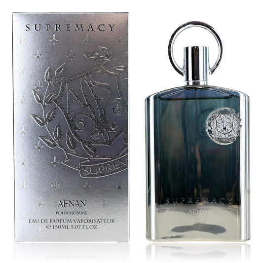 Supremacy Silver by Afnan, 5.07 oz EDP Spray for Men in a sleek bottle with a silver box design.