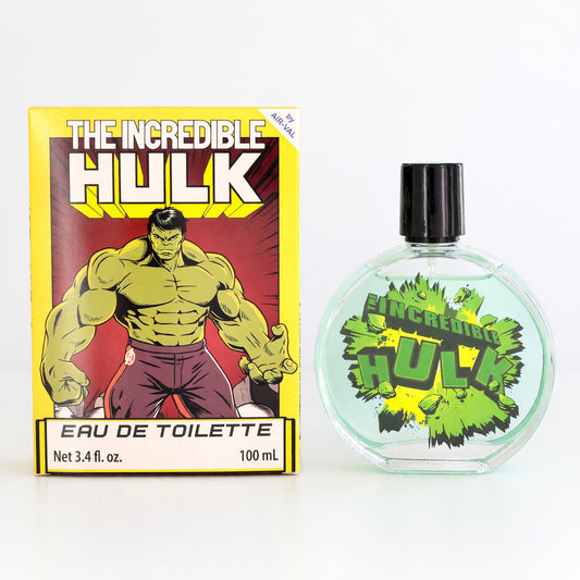 Kids eau de toilette spray bottle with green Hulk graphic and clear glass body