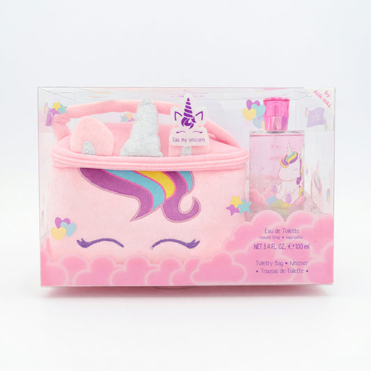 Kids unicorn fragrance set box, pink cap and toilet bag accessories