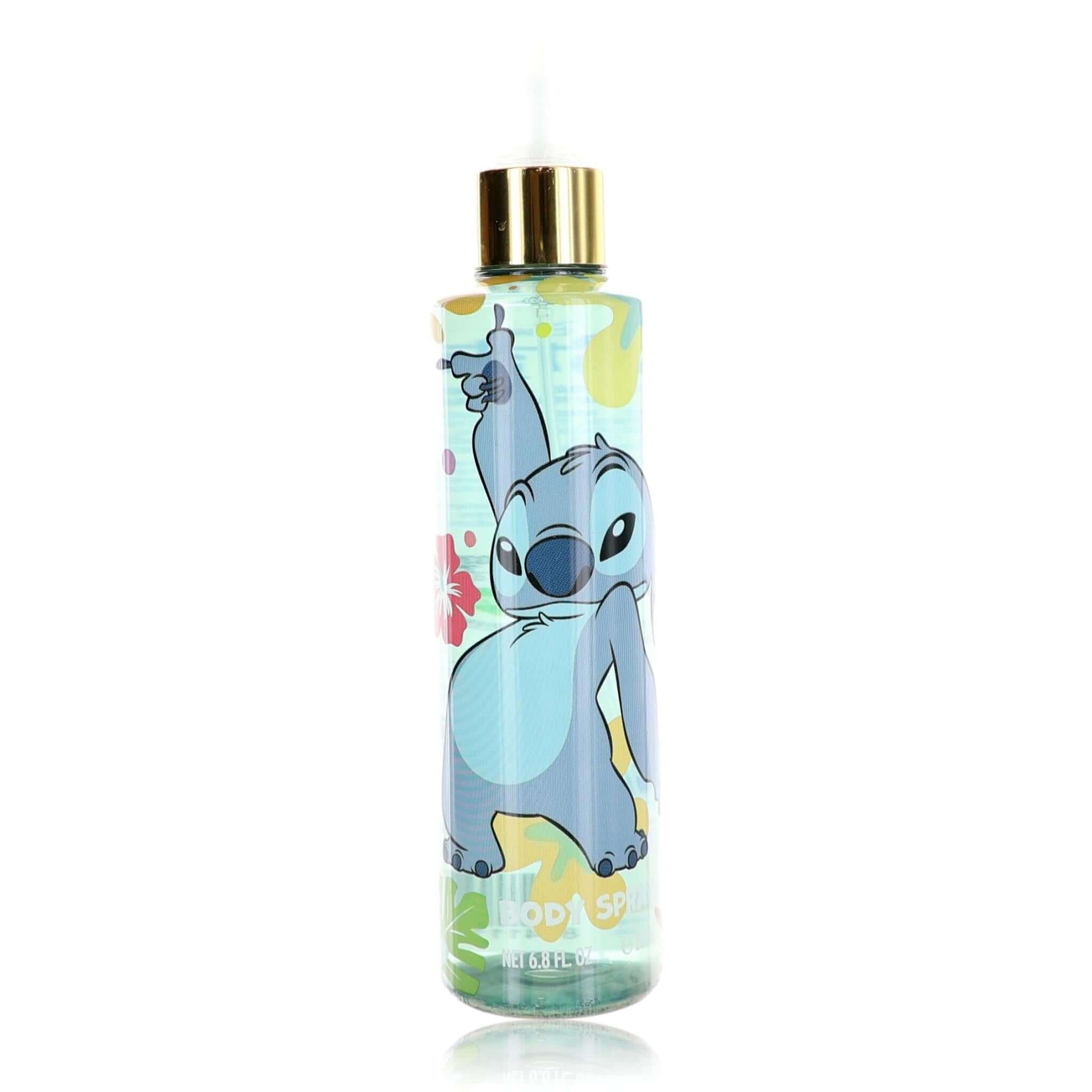 Kids body spray bottle with Stitch character graphic, clear light blue liquid, gold cap
