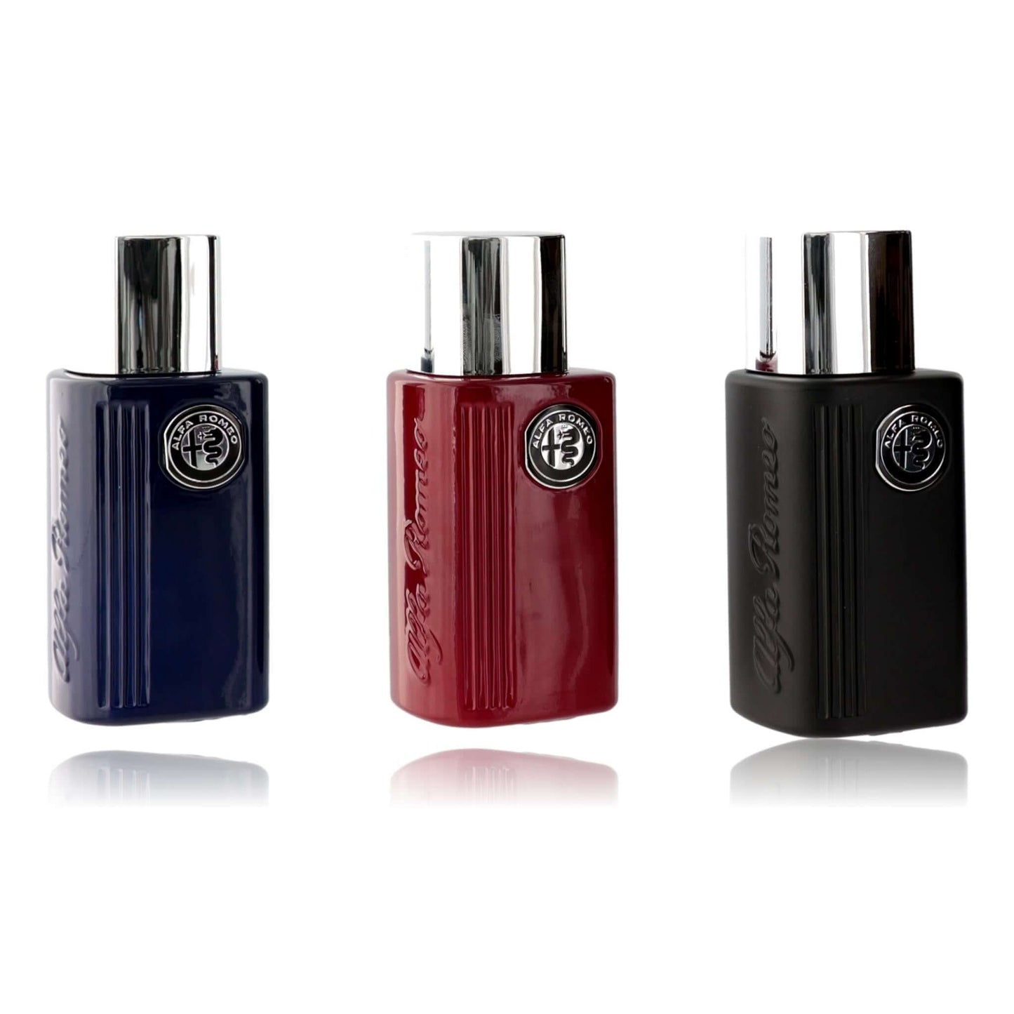 Men's fragrance gift set: three cologne bottles in blue, red, and black