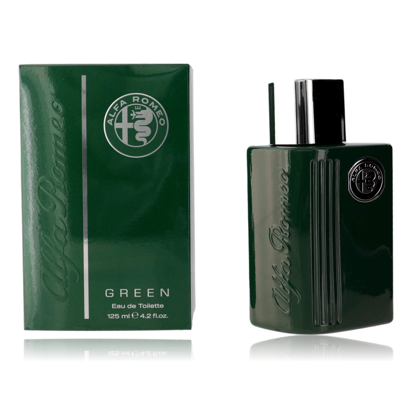Men's green Eau de Toilette spray with box, Alfa Romeo Green bottle and packaging