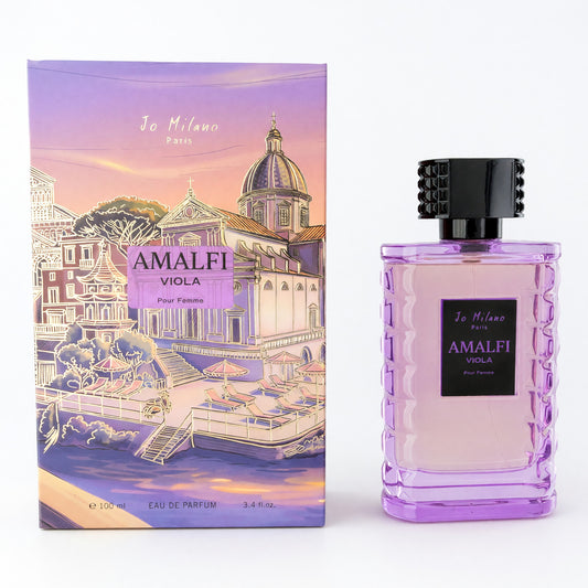 Women’s viola EDP spray bottle with black cap in purple glass; includes Jo Milano box