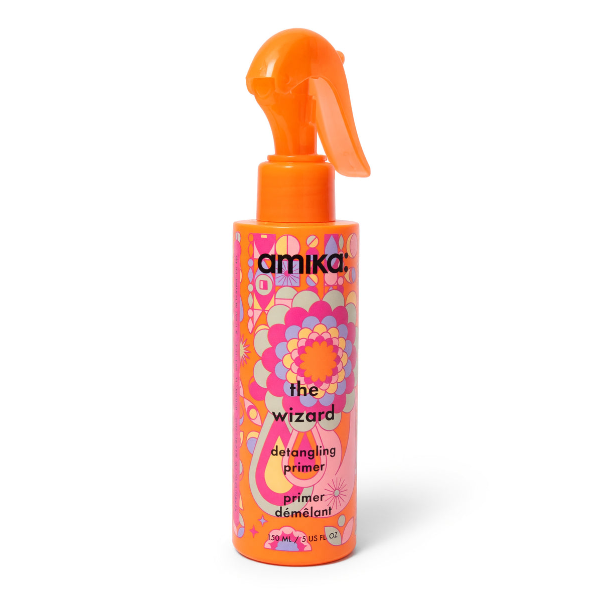 Orange pump bottle detangling primer with colorful Amika Wizard label