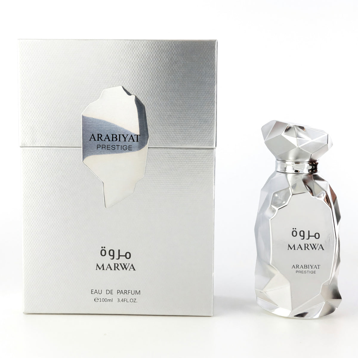 Arabiyat Prestige Marwa eau de parfum, boxed with silver geometric bottle