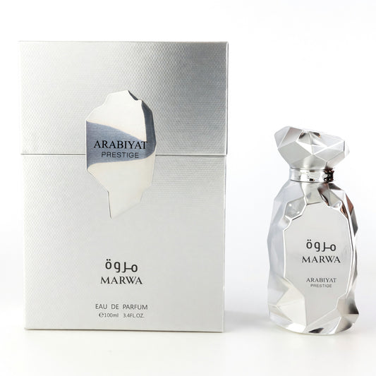 Arabiyat Prestige Marwa eau de parfum, boxed with silver geometric bottle