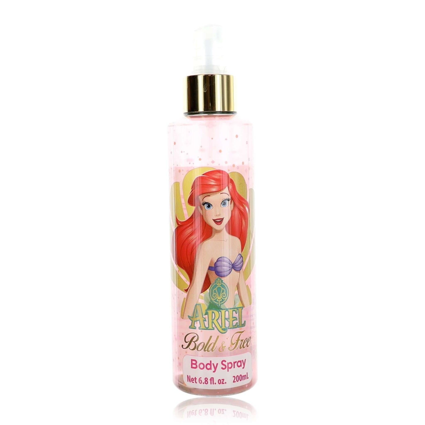Kids body spray bottle with Ariel graphic, pink liquid, gold pump cap, 6.8 fl oz