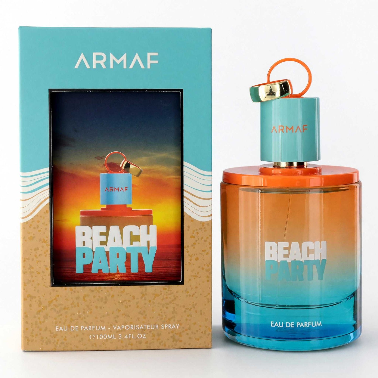 Armaf women’s eau de parfum spray bottle with teal glass, orange cap, and “BEACH PARTY” label