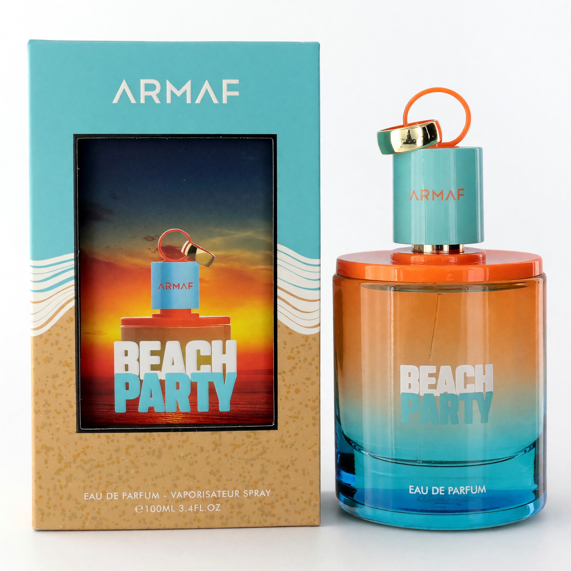 Beach Party EDP spray bottle with teal-to-orange gradient glass and orange cap
