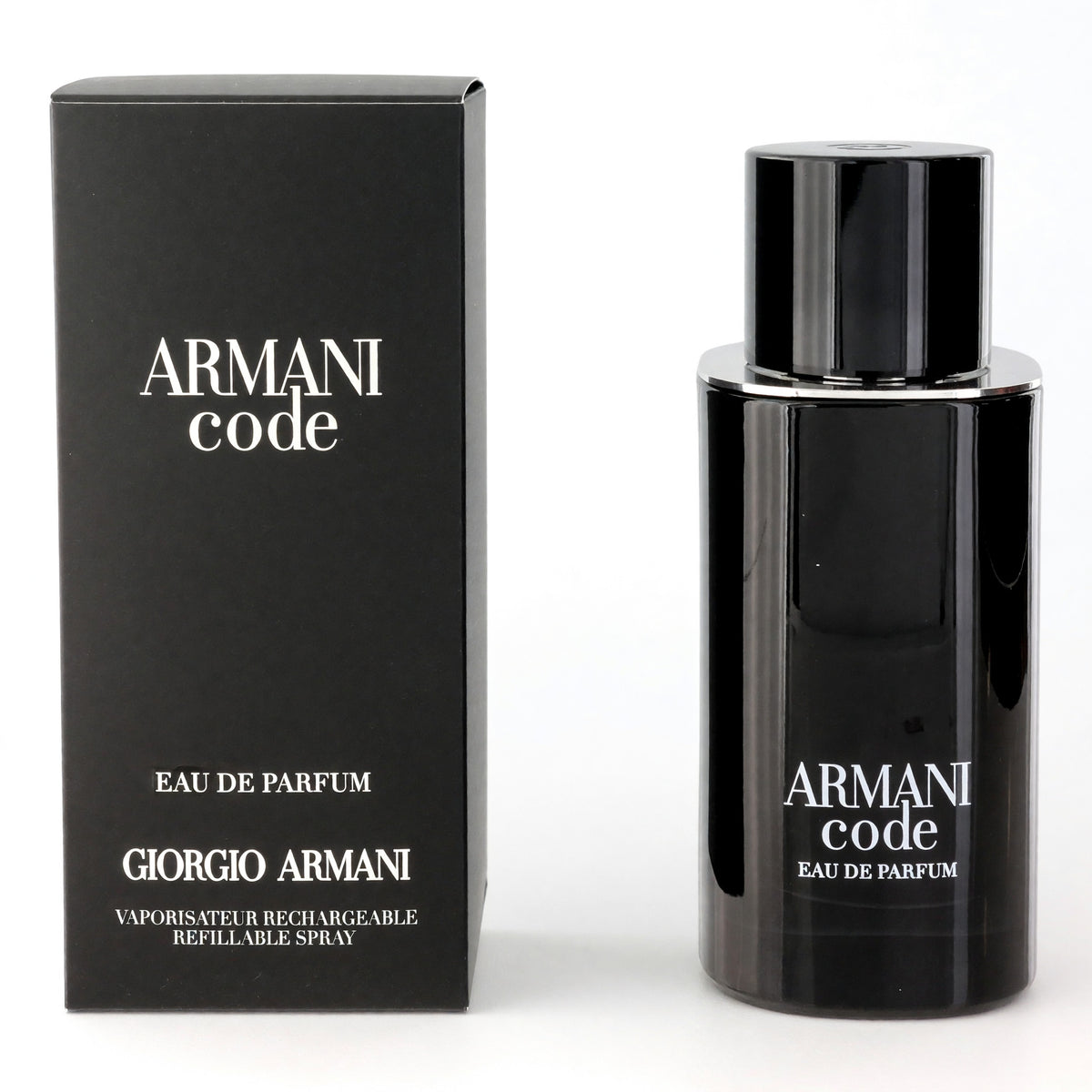 Armani Code men’s refillable EDP spray, black glass bottle with chrome cap