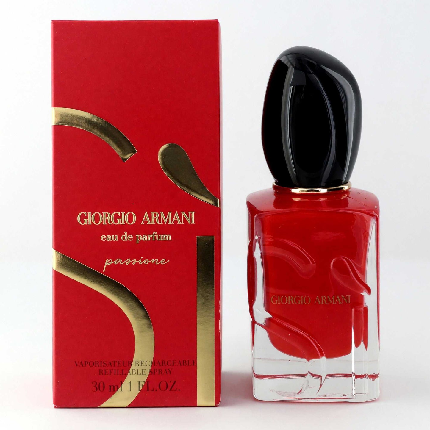 Women's Giorgio Armani Passione refillable perfume spray; red bottle with black cap and box