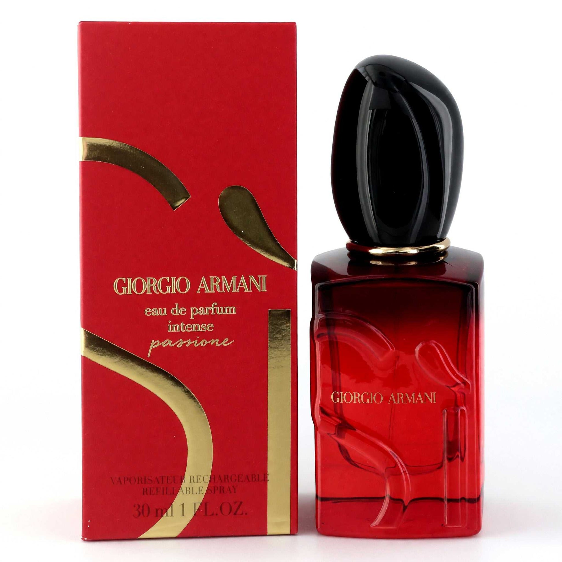 Women's refillable eau de parfum spray bottle with red glass and black cap; red Giorgio Armani box
