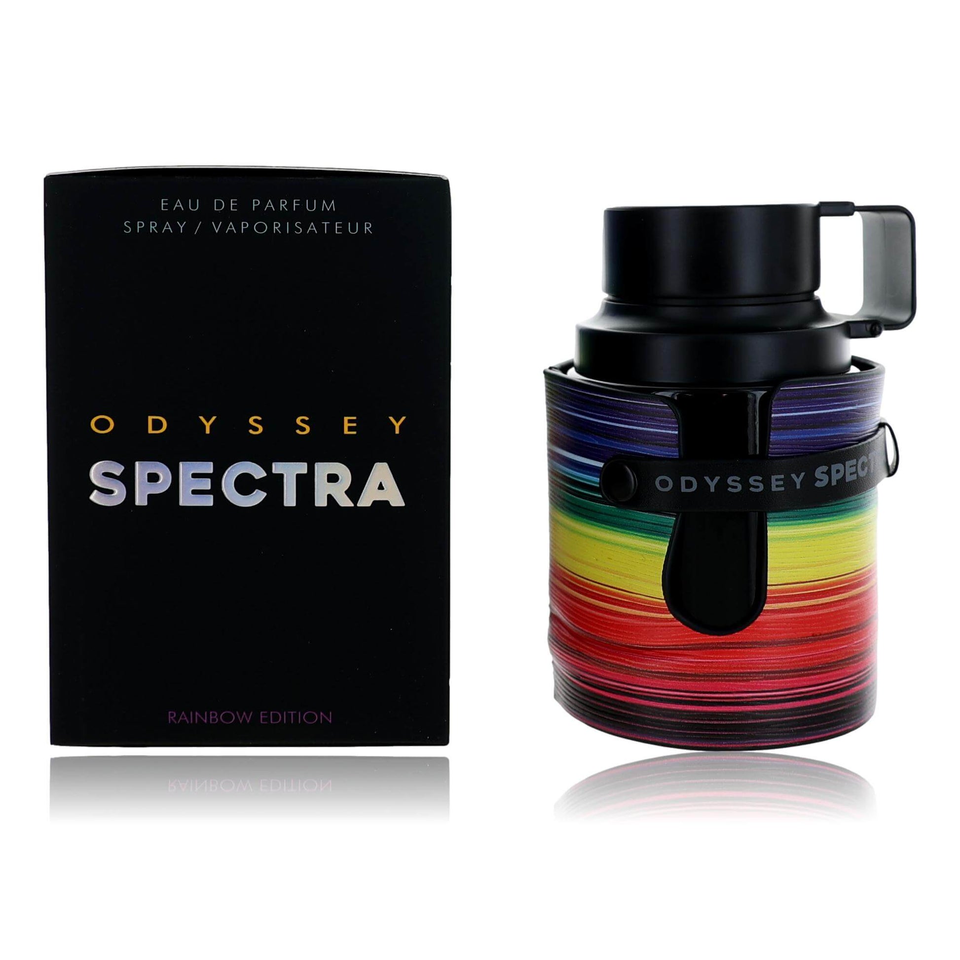 Odyssey Spectra EDP spray bottle and black box, rainbow stripe design