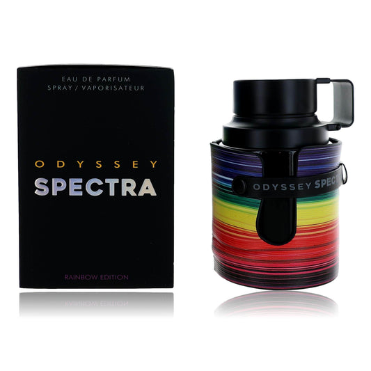 Odyssey Spectra perfume bottle with rainbow design and packaging on a white background