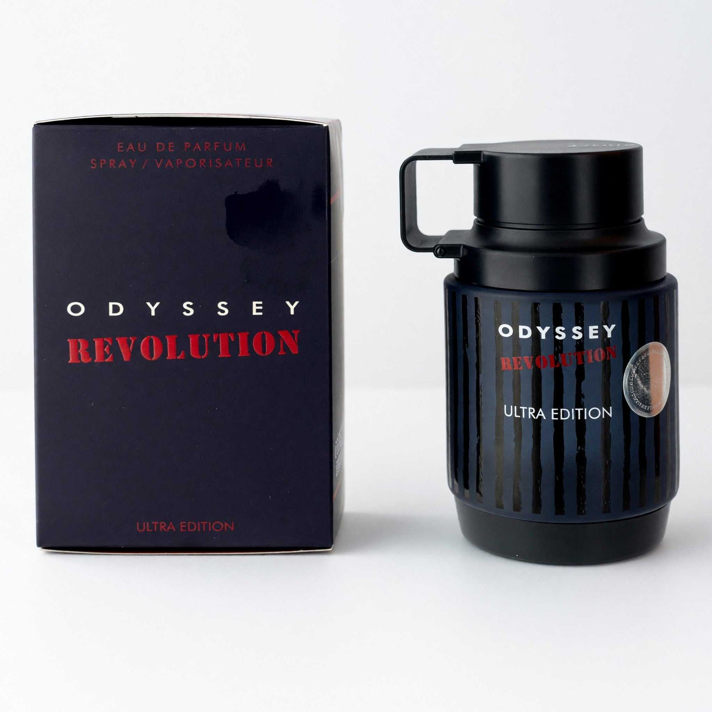 Odyssey Revolution by Armaf eau de parfum spray bottle and box, dark with red label