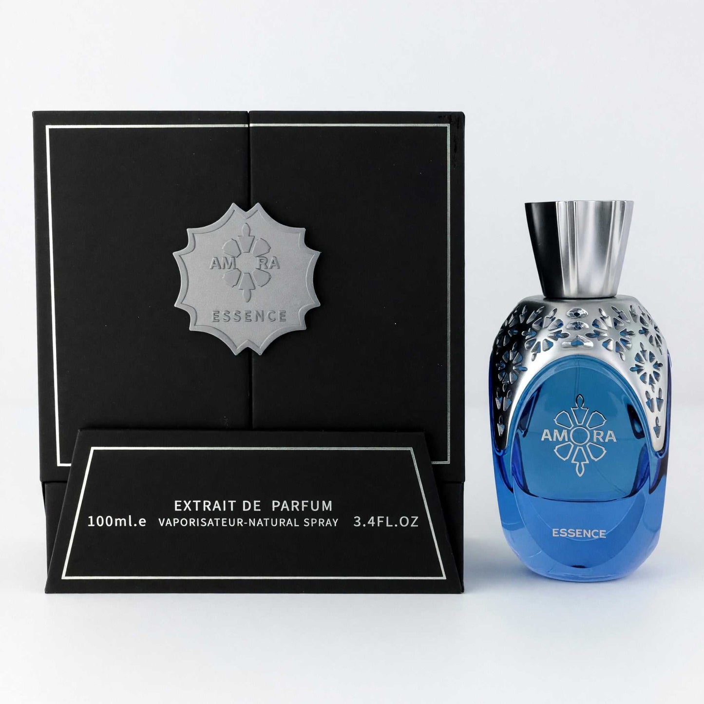 Unisex extrait de parfum spray with blue glass bottle and black gift box, 100 mL