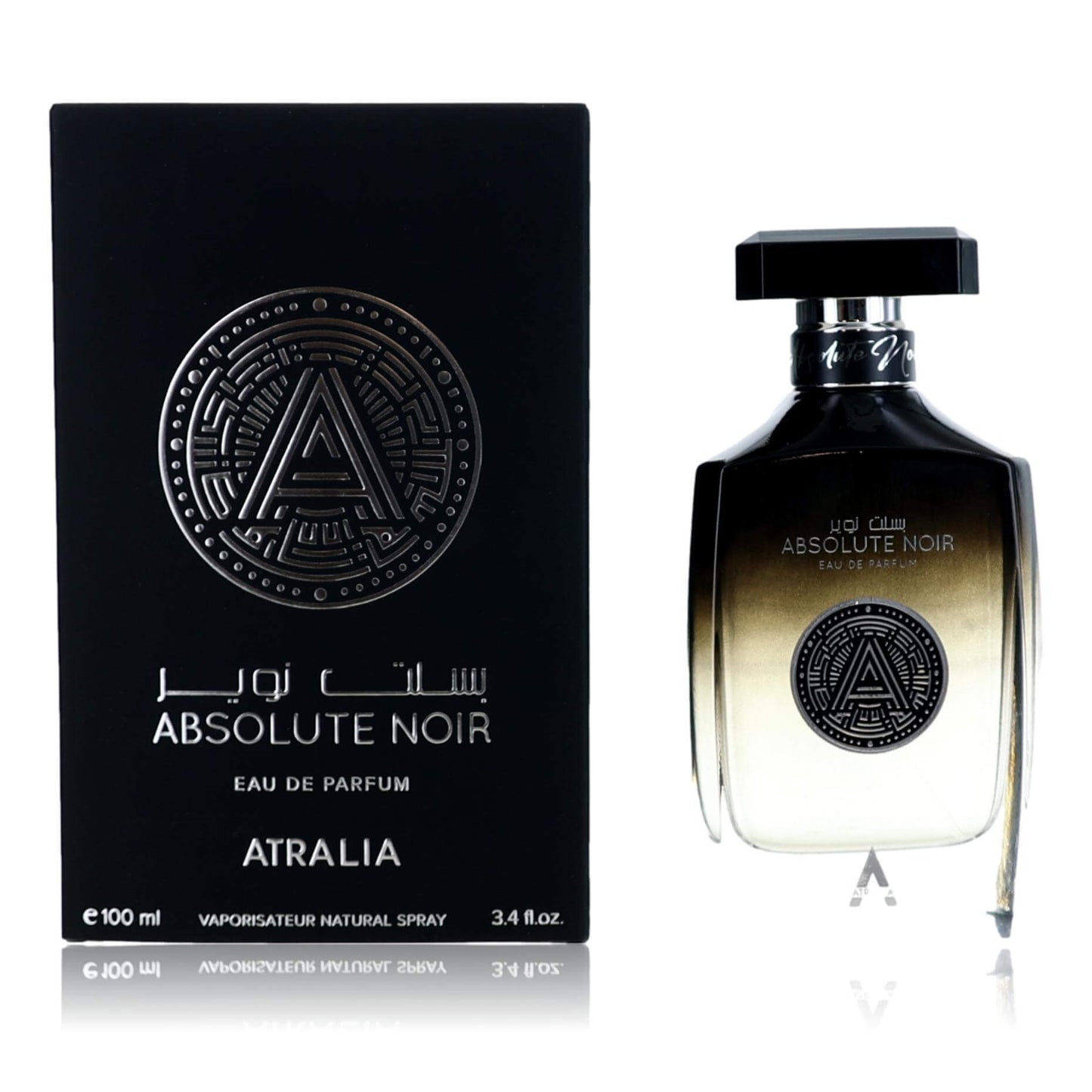 Absolute Noir eau de parfum spray set with dark glass bottle and box, Atralia