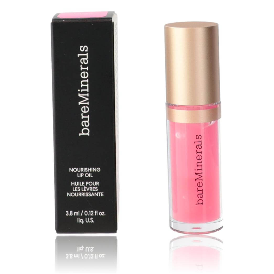 bareMinerals Nourishing Lip Oil in clear tube with pink oil and black box