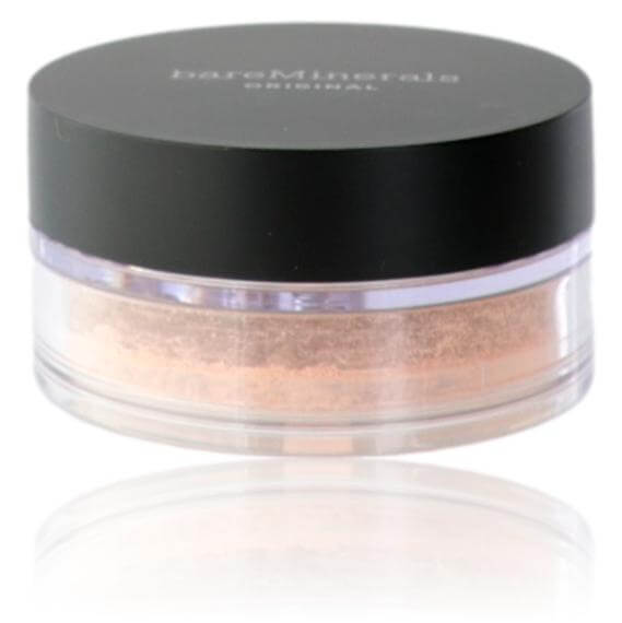 BareMinerals loose powder foundation jar with black lid and beige powder, Fairly Medium 05