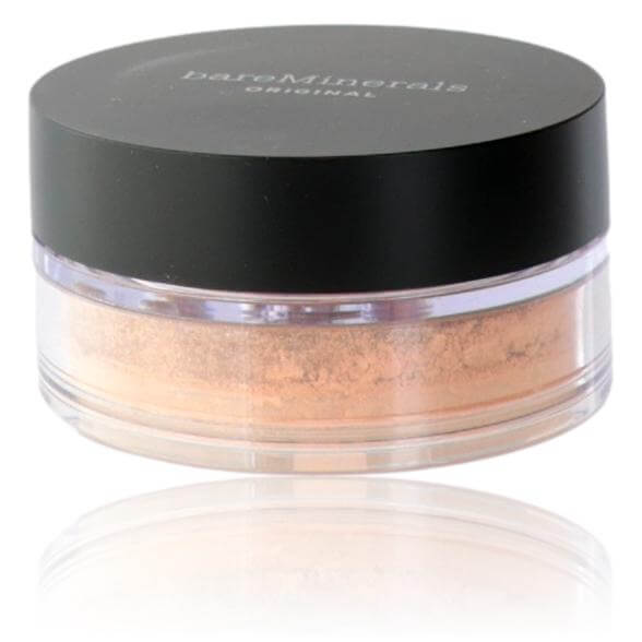 Loose powder foundation jar with black lid and beige powder, SPF 15