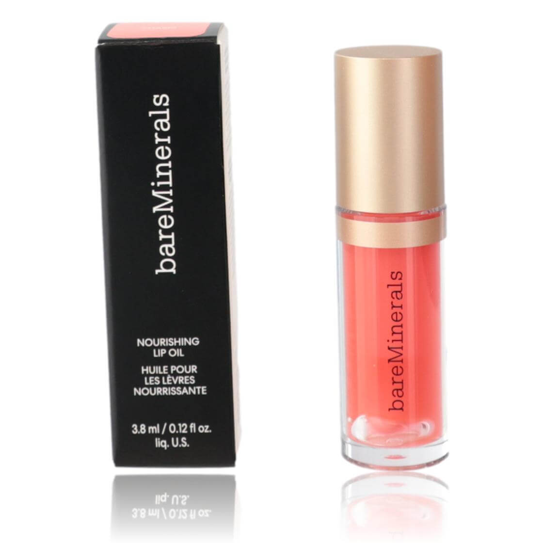 Nourishing lip oil in clear glass bottle with pink-red oil and beige cap