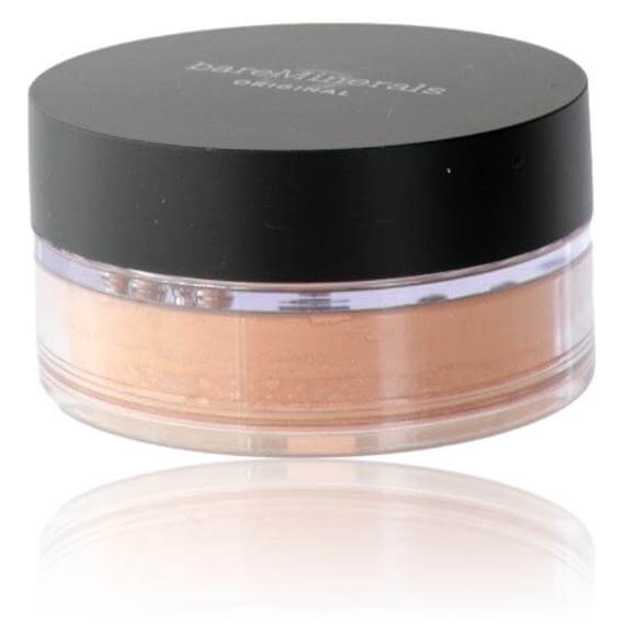 Bare Minerals Loose Powder Foundation, .28oz Powder Foundation SPF 15 - Tan 19 in a clear jar with a black lid