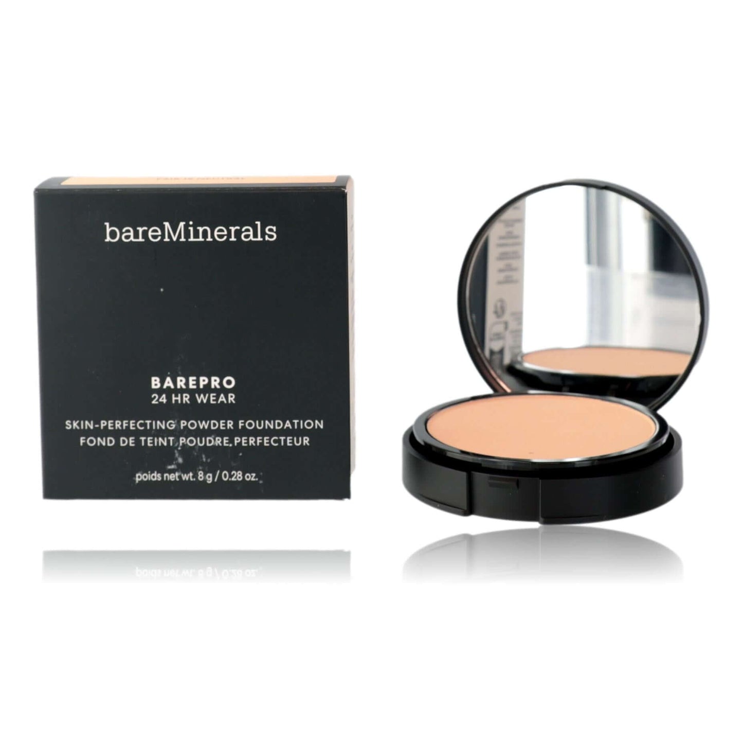 Bare Minerals BarePro 24 Hr Wear, .28oz Powder Foundation - Fair 15 Neutral in packaging with mirror.