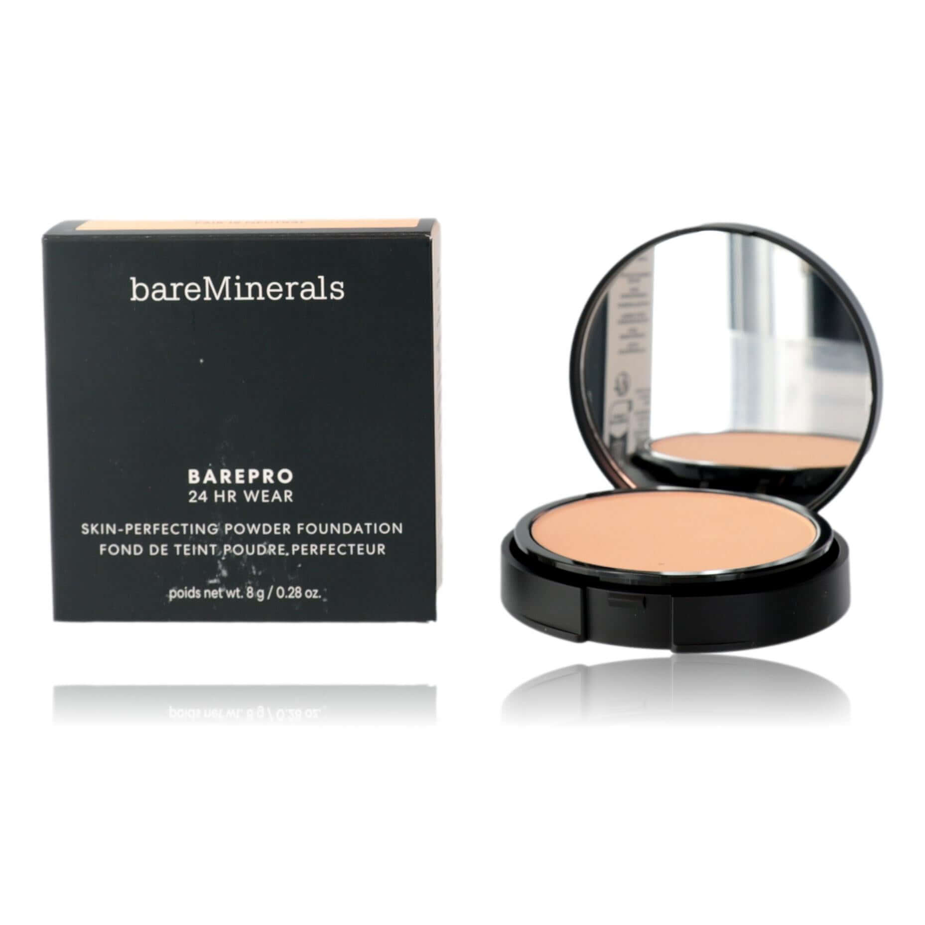 Bare Minerals BarePro 24 Hr Wear, .28oz Powder Foundation - Fair 15 Neutral in packaging with mirror.