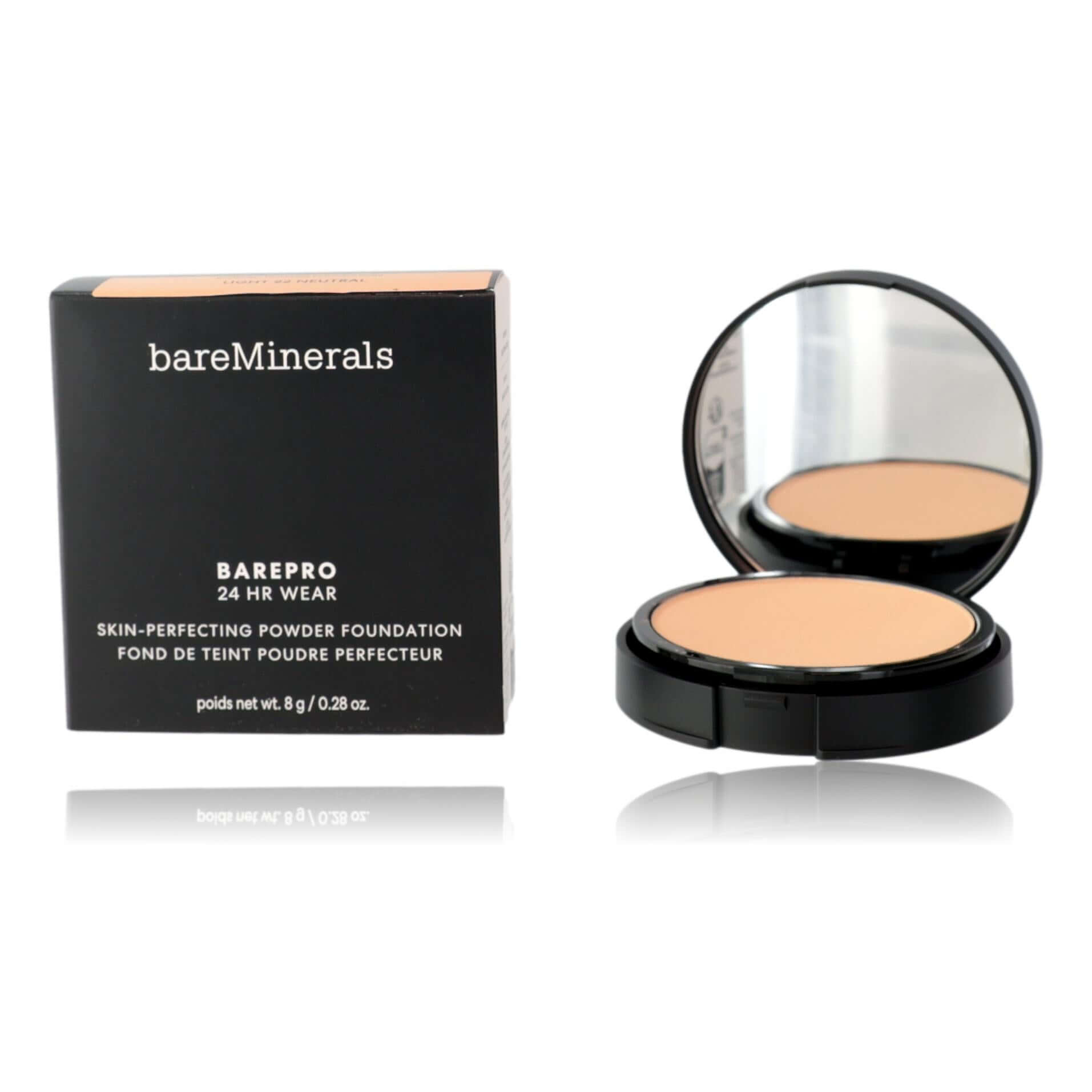 Powder foundation set: beige compact with open lid and matching product box