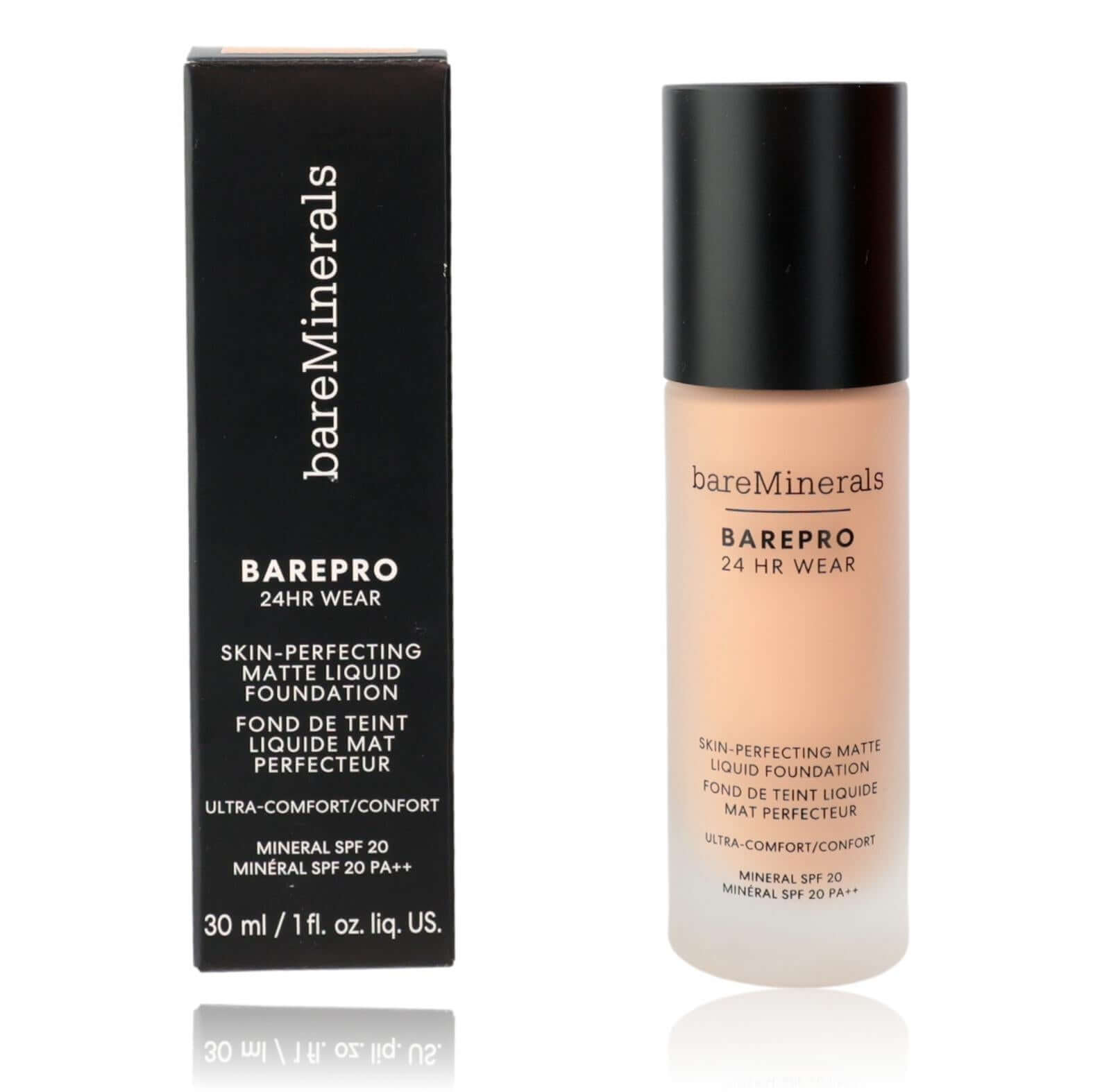 Bare Minerals BarePro 24hr Wear, 1oz Matte Liquid Foundation - Light 21 Cool bottle and box on display.