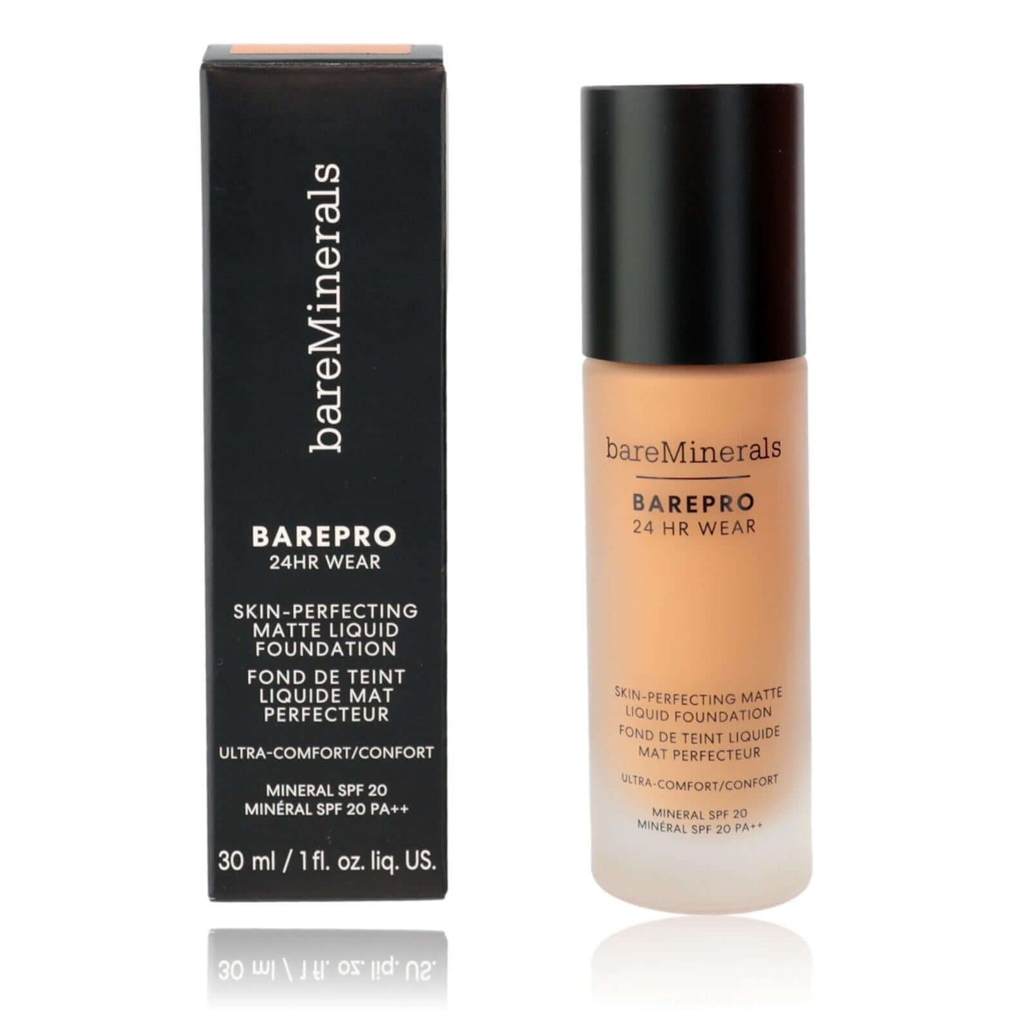 Matte liquid foundation bottle and box, medium tone, BarePro 24HR