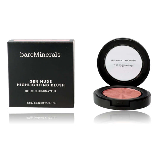 Bare Minerals Gen Nude Highlighting Blush, .11oz Highlighting Blush - Mauve Glow in compact with blush and box.