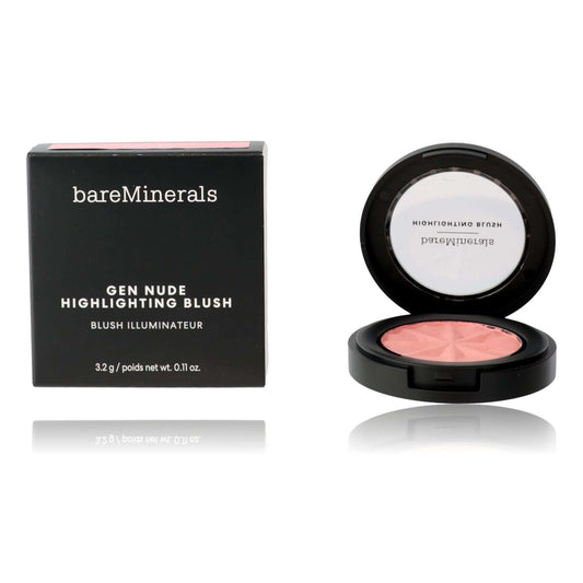 Bare Minerals Gen Nude Highlighting Blush, .11oz Highlighting Blush - Pink Glow in a compact with box packaging.