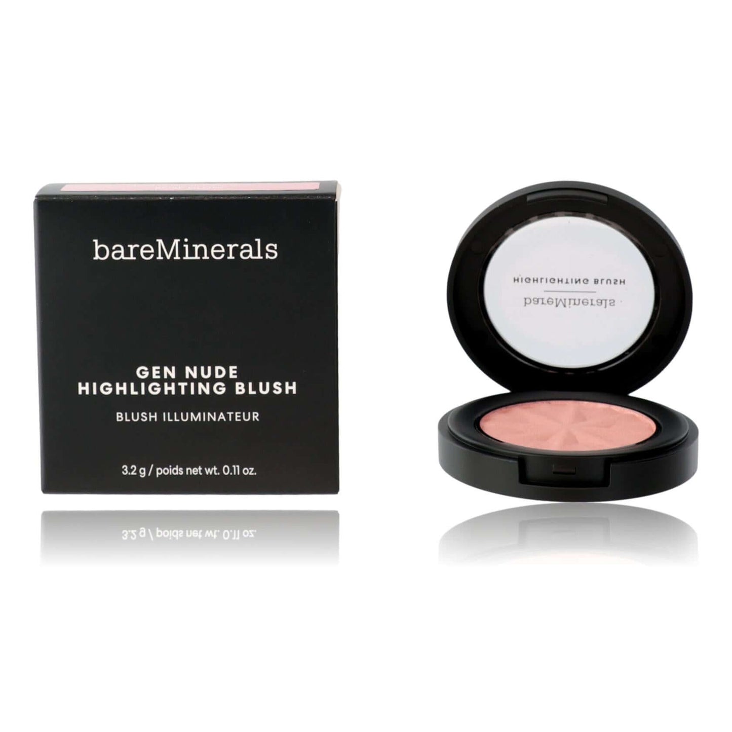 Highlighting blush compact with rose-pink powder pan and open case
