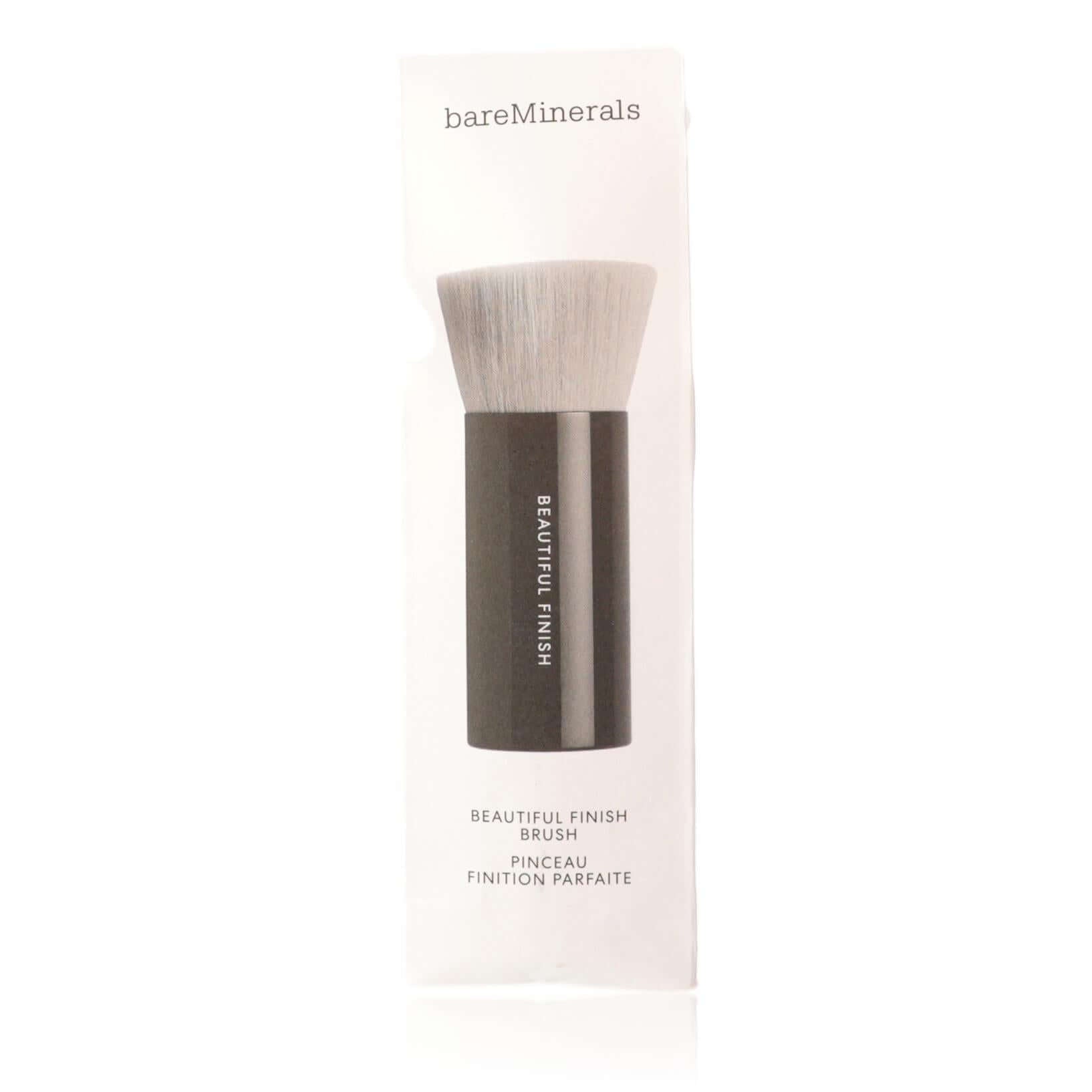 Makeup finish brush with soft gray bristles and short cylindrical handle