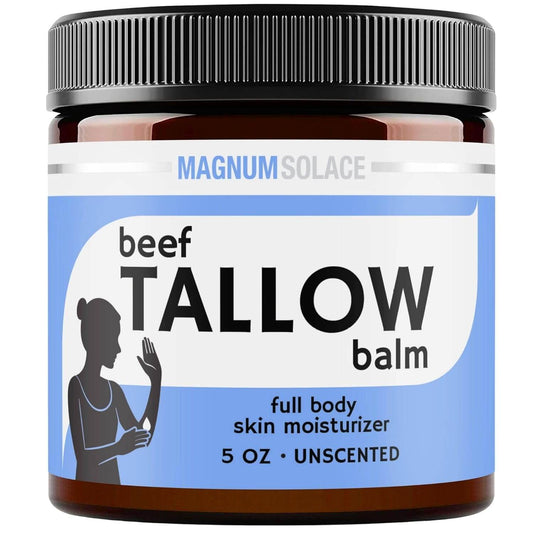 Beef Tallow Balm by Magnum Solace, 5 oz Full Body Skin Moisturizer in a jar, unscented formula for dry skin.