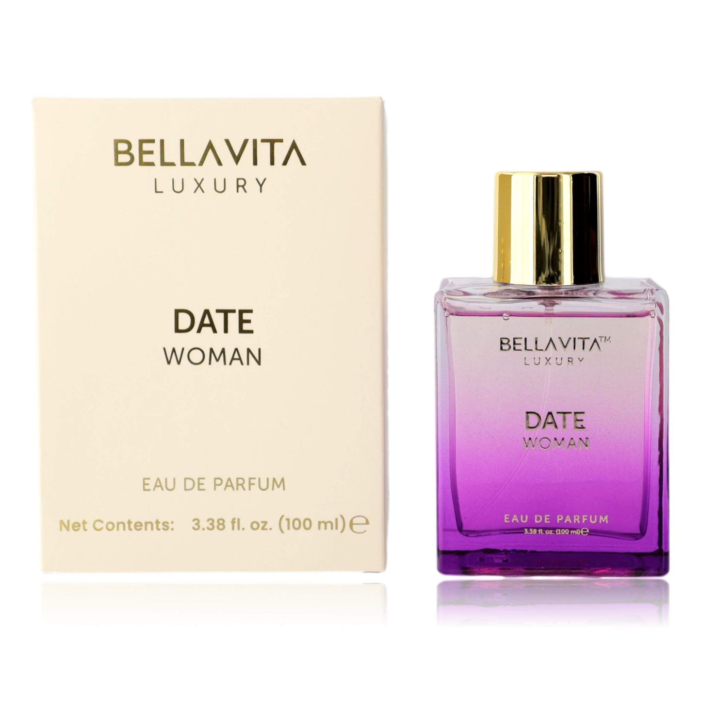 Eau de parfum spray bottle with purple liquid, gold cap, Date Woman label